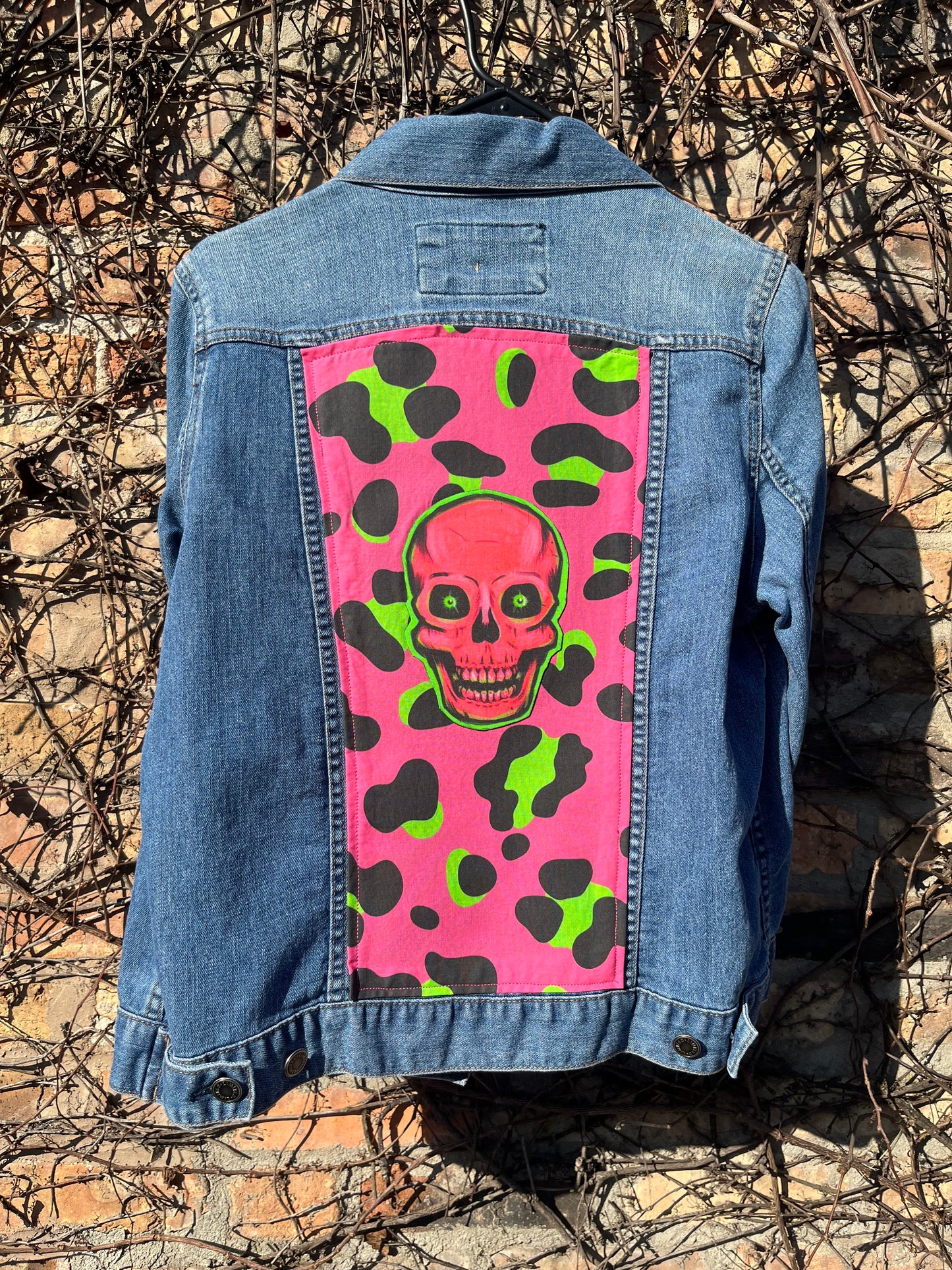 PINK AND GREEN LEOPARD AND SKULL DENIM JACKET